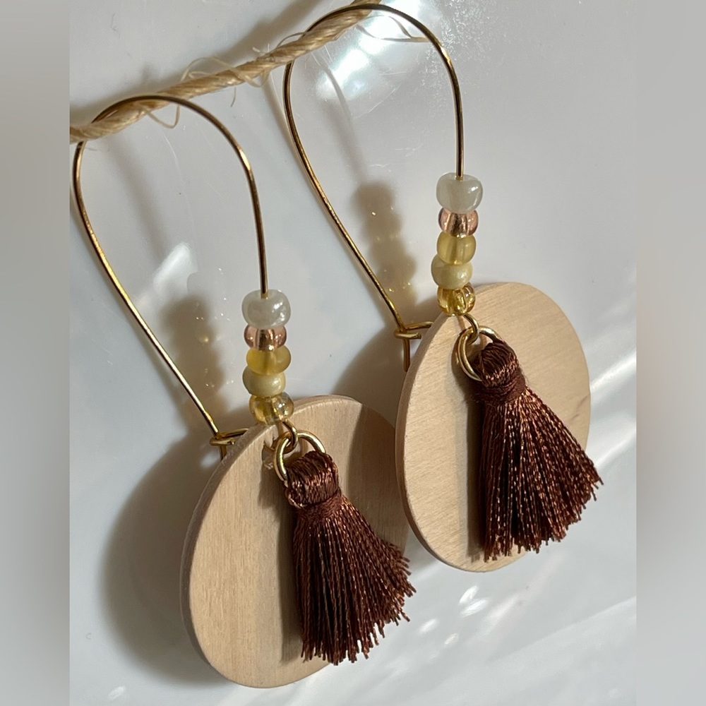 Handmade Wooden Beaded Tassel Drop Earrings